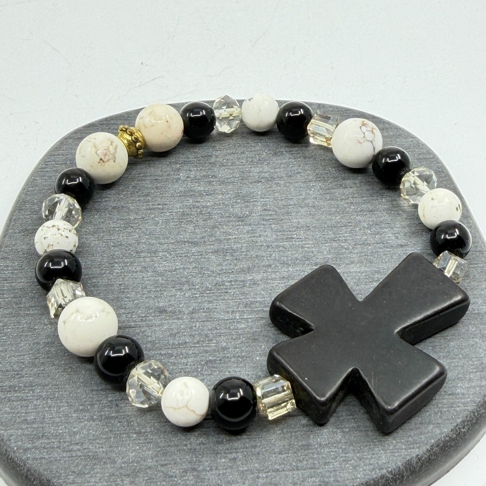 Black Cross Bead Stretch Bracelet White Stone Look Crystal Gothic Statement